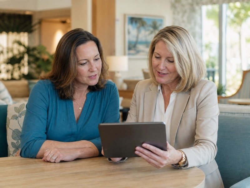 An assisted living administrator and a family member reviewing facility information on a tablet.