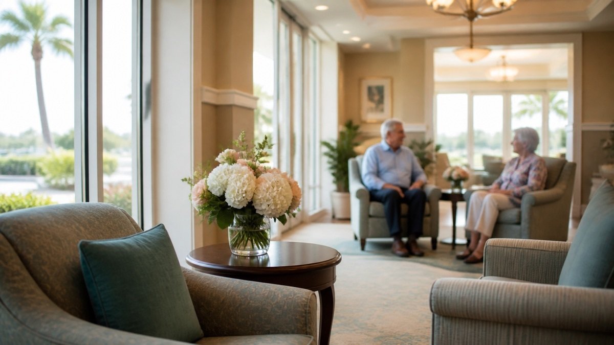 The common room of an assisted living facility, with armchairs arranged around a window.